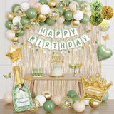 Sage Green Birthday Decorations Balloon Banner Confetti Fringe Boho Party Set