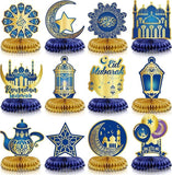 12 PCS Ramadan Mubarak Decorations Eid Honeycomb Centerpieces Blue Gold Moon Star Table Decor