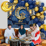 70 Pcs Eid Mubarak Decorations Blue Gold Star Moon Balloons Ramadan Banner