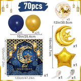 70 Pcs Eid Mubarak Decorations Blue Gold Star Moon Balloons Ramadan Banner