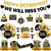 Retirement Party Decorations for Men Women Black Gold Banner Balloons Swirl Set