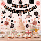 Retirement Party Decorations for Women Black Rose Gold Banner Swirl Garland Pompoms Set