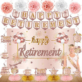 20Pcs Retirement Party Decorations for Women Pink Rose Gold Banner Balloons Centerpiece Set