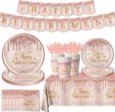 142pcs Rose Gold Retirement Party Decorations Plates Napkins Cups Banner Cutlery