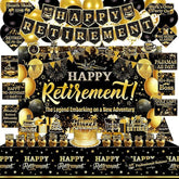 Retirement Party Decorations 78pcs Gold Black Happy Retirement Banner Backdrop Centerpieces Sash