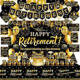 Retirement Party Decorations 78pcs Gold Black Happy Retirement Banner Backdrop Centerpieces Sash