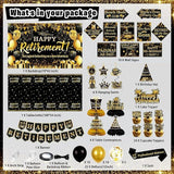 Retirement Party Decorations 78pcs Gold Black Happy Retirement Banner Backdrop Centerpieces Sash