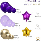160 Pcs Dusty Purple Gold Balloon Garland Arch Kit with Star Balloons