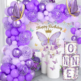 Purple Butterfly First Birthday Balloon Arch Kit with Backdrop for Girl Party