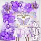 Purple Butterfly First Birthday Balloon Arch Kit with Backdrop for Girl Party
