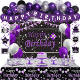 Black Purple Birthday Decorations Silver Balloons Banner Arch Swirls for Women Men Party