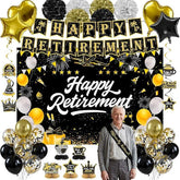 Retirement Party Decorations Black Gold Banner Backdrop Balloons Swirls Centerpiece Set