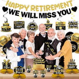 Retirement Party Decorations for Men Women Black Gold Banner Balloons Swirl Set