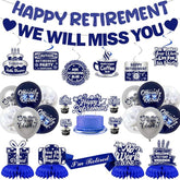 Retirement Party Decorations for Men Women Blue Silver Banner Balloons Swirl Set