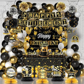 Retirement Party Decorations for Men Women Black Gold Banner Backdrop Balloons Centerpiece Set