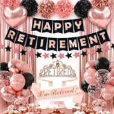Retirement Party Decorations 44Pcs Rose Gold Banner Sash Crown Balloons Pompoms Set