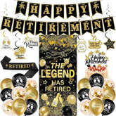 Happy Retirement Party Decorations 33pcs Gold Black Banners Balloons Cake Toppers Sash Confetti