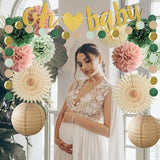 14pcs Dusty Rose Sage Baby Shower Decor with Pom Poms, Lanterns & Banner