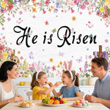He Is Risen Easter Backdrop Banner, Spring Floral Cross Bunny Party Decor