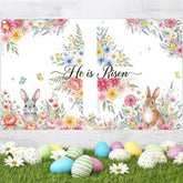 He Is Risen Floral Cross Easter Backdrop Banner, Watercolor Spring Party Decor