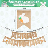 Happy Easter Burlap Banner with Bunnies and Carrots – Rustic Spring Party Decor