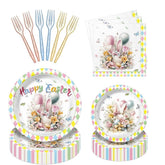 Easter Bunny Plates, Napkins, Forks Set: Spring Party Tableware for 24
