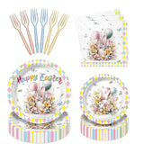 Easter Bunny Plates, Napkins, Forks Set: Spring Party Tableware for 24