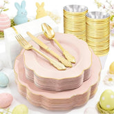 Pink Disposable Party Tableware Set 175 PCS Plates Cups Napkins Gold Cutlery Supplies