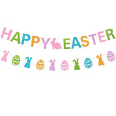 Glitter Happy Easter Banner with Bunny Egg Garland Colorful Party Decor Supplies