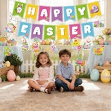Happy Easter Banner with Egg Bunny Chick Hanging Swirls Indoor Outdoor Party Decor Supplies