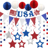 Red White Blue Party Decorations Set with Honeycomb Balls and Star Garland