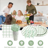 Sage Green Gingham Disposable Party Tableware Set for 24 Guests