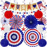 26 Piece Patriotic Decorations Set with Fans Banner Garland and Swirls