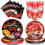Hibachi Party Tableware Set Disposable Plates Cups Napkins Serve 24 Guests