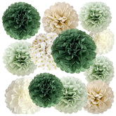Sage Green Tissue Pom Poms Flowers Boho Party Decor Set