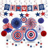 26 Piece Patriotic Party Decorations Set with Fans Pom Poms and Swirls