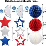 Red White Blue Party Decorations Set with Honeycomb Balls and Star Garland