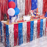 2 Pack Red White Blue Tinsel Table Skirt for Patriotic Party Décor