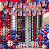 2 Pack Patriotic Foil Fringe Curtains with Flag Banner Backdrop