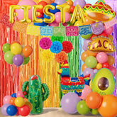 Fiesta Balloon Arch Kit Rainbow Tinsel Banner Taco Cactus Party Decor Set