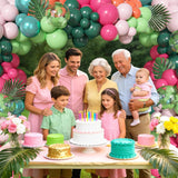 Tropical Luau Balloon Arch Garland Kit: Hot Pink, Green, Orange, Palm Leaves, Flamingo Accents