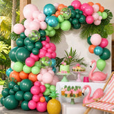 Tropical Luau Balloon Arch Garland Kit: Hot Pink, Green, Orange, Palm Leaves, Flamingo Accents