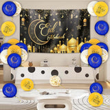 Eid Mubarak Blue White Gold Balloons: Islamic Party Decorations, 12 Inch Latex Set