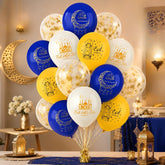 Eid Mubarak Blue White Gold Balloons: Islamic Party Decorations, 12 Inch Latex Set