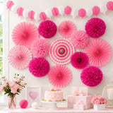 Pink Paper Fans, Pom Poms, Garlands for Parties, Weddings, Birthdays