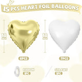 Gold White Heart Foil Balloons | 18 Inch Party Decor (15 Pcs)