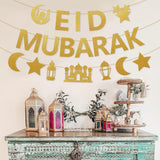 Gold Glitter Eid Mubarak Banner Moon Star Mosque Islamic Decorations