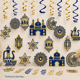 Eid Mubarak Hanging Swirls | Blue Gold Moon Star Islamic Party Decorations (15 Pack)