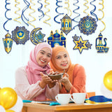 Eid Mubarak Hanging Swirls | Blue Gold Moon Star Islamic Party Decorations (15 Pack)