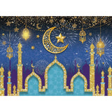 Eid Mubarak Photography Backdrop: Blue Arabian Night Castle Lanterns, Islamic Party Decor